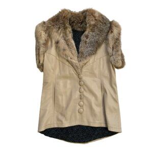 Jonathan Cozzi Leather Vest Jacket Womens Medium Tan Brown Fur Trim Italy RARE